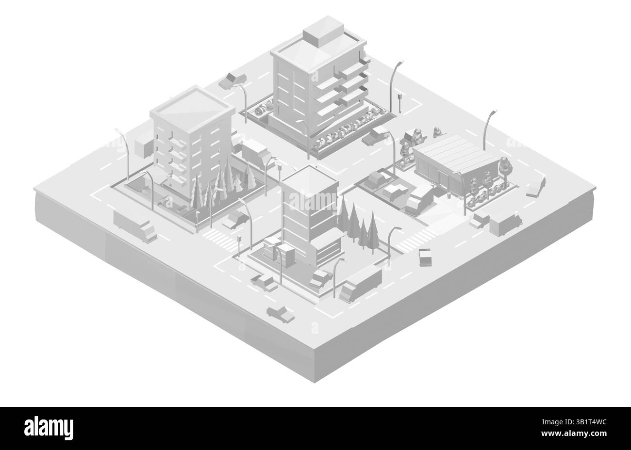Eine Stadtlandschaft mit weißem Hintergrund und Gebäuden im Vordergrund. Die Gebäude sind hoch und es gibt Autos und Lastwagen auf der Straße. Isometrische Anzeige Stock Vektor
