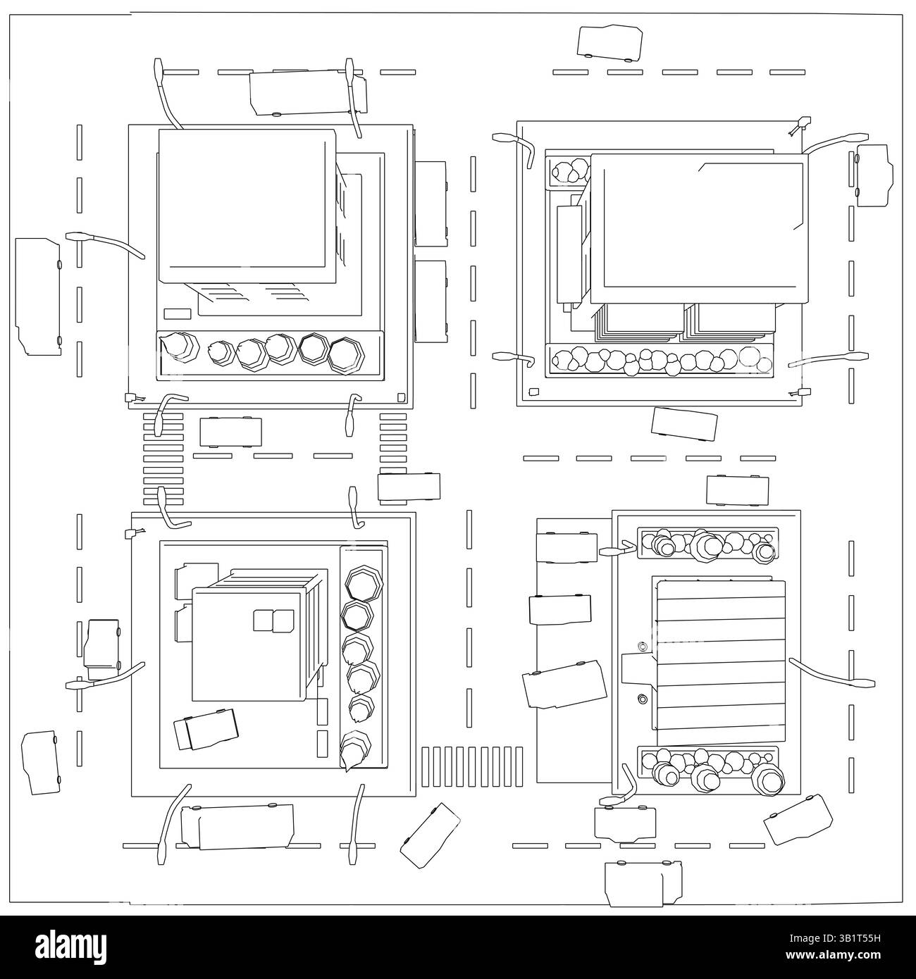 Eine Zeichnung einer Stadtstraße mit einem Haus auf der linken und einem Haus auf der rechten Seite. Die Straße ist von Bäumen gesäumt und es gibt mehrere Autos, die entlang der Straße geparkt werden Stock Vektor