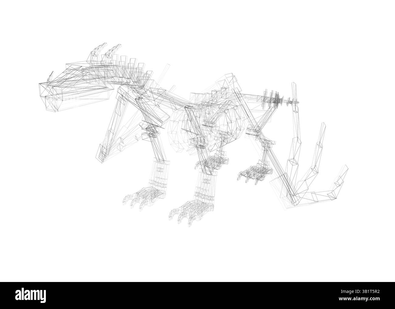 Eine skelettierte Zeichnung eines Drachen. Die Zeichnung ist in Schwarzweiß und sehr detailliert. Der Drache scheint in Bewegung zu sein, mit gespreizten Flügeln Stock Vektor