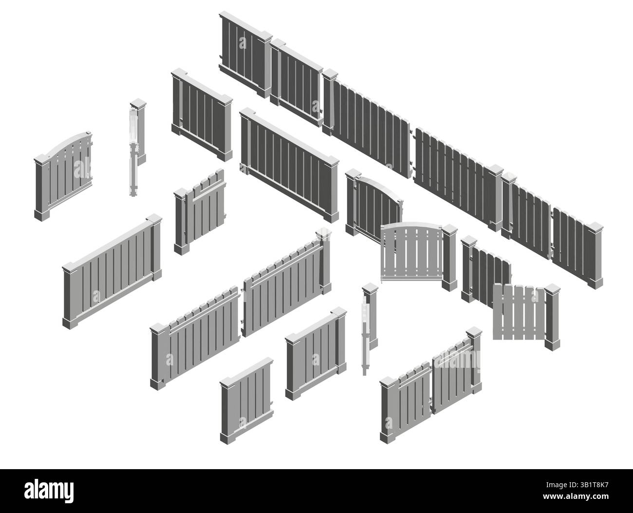 Es werden verschiedene Arten von Zäunen in verschiedenen Größen und Formen angezeigt. Die Zäune bestehen aus Holz und Metall und sind so angeordnet, dass sie so angeordnet sind Stock Vektor