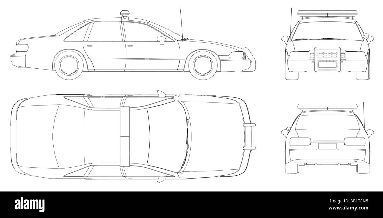 Ein Polizeiauto wird in einer Reihe von Zeichnungen gezeigt, wobei die Ansichten von vorn, hinten, Seite und oben detailliert dargestellt sind. Stock Vektor