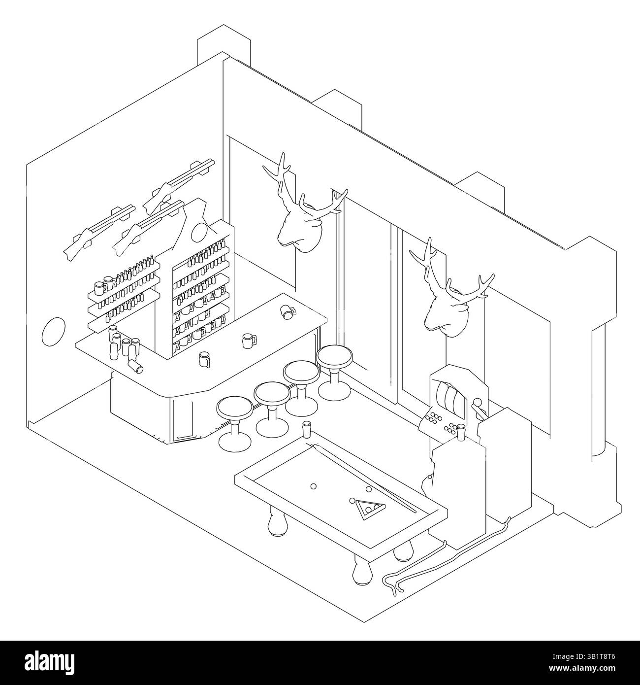 Eine Zeichnung einer Bar mit Billardtisch und einer Wand aus Hirschgeweih. Die Szene ist zwanglos und entspannt, der Billardtisch und der Barbereich laden zum Kommen ein Stock Vektor