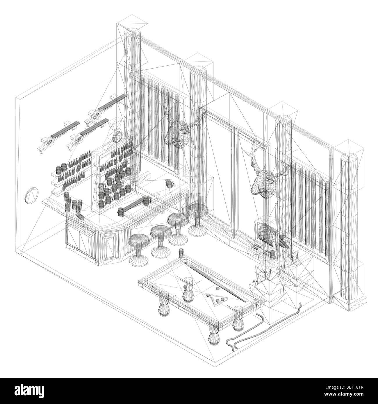 Eine Zeichnung einer Bar mit einem Billardtisch in der Mitte. Die Bar verfügt über eine Theke und Hocker, und der Billardtisch ist von Stühlen umgeben Stock Vektor