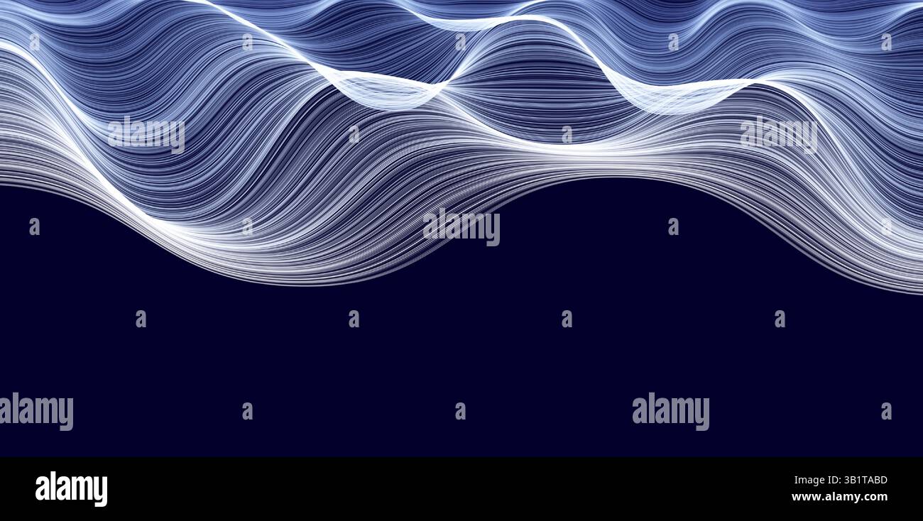 Abstrakte fließende Wellenlinien auf dunklem Hintergrund. Wehende Wolken. Futuristisches, leuchtendes Bewegungsmuster, stylische, minimalistische Textur für Banner, Websites, Hi Stock Vektor