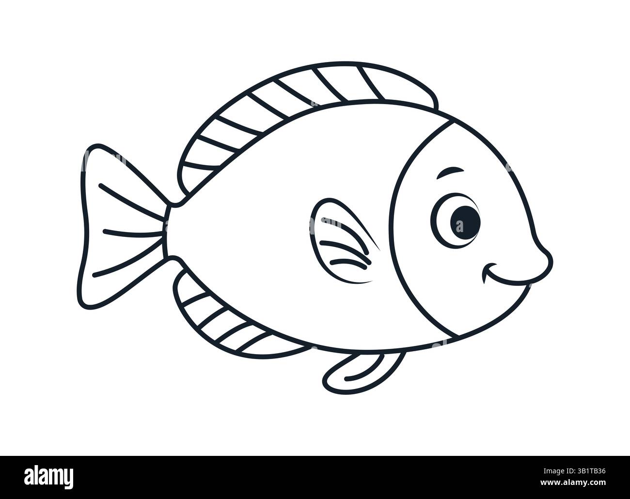 Fischtier farbloser Zeichentrick. Umrissene Abbildung mit dünner schwarzer Linie. Stock Vektor