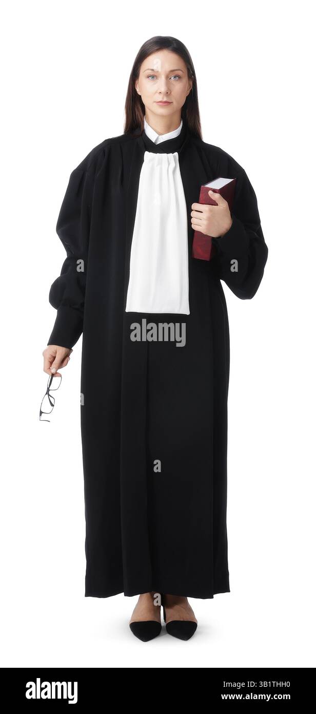 Richter mit Buch und Brille auf weißem Hintergrund Stockfoto