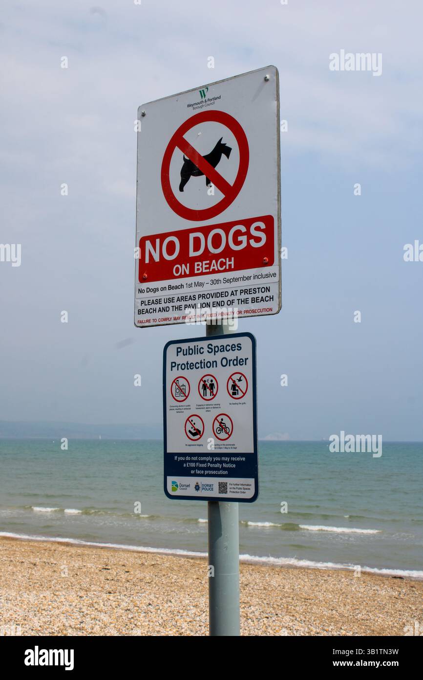 Keine Schilder für Hunde am Weymouth Beach, Großbritannien Stockfoto