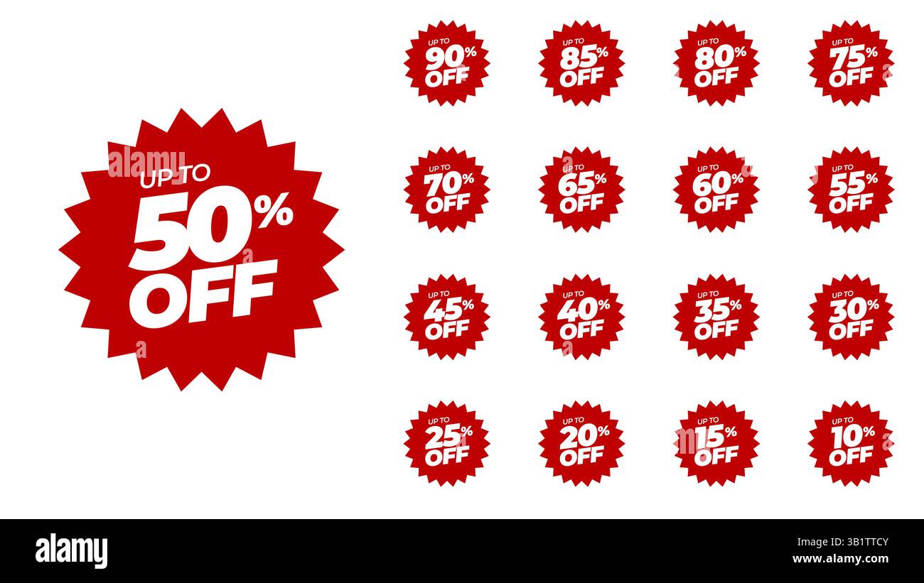 Sonderrabatt auf rote, abgerundete Etiketten mit unterschiedlichen Rabatten in Prozent auf 90, 85, 80, 75, 70, 65, 60, 55, 50, 45, 40, 35, 30, 25, 20, 15, 10 Prozent Stock Vektor