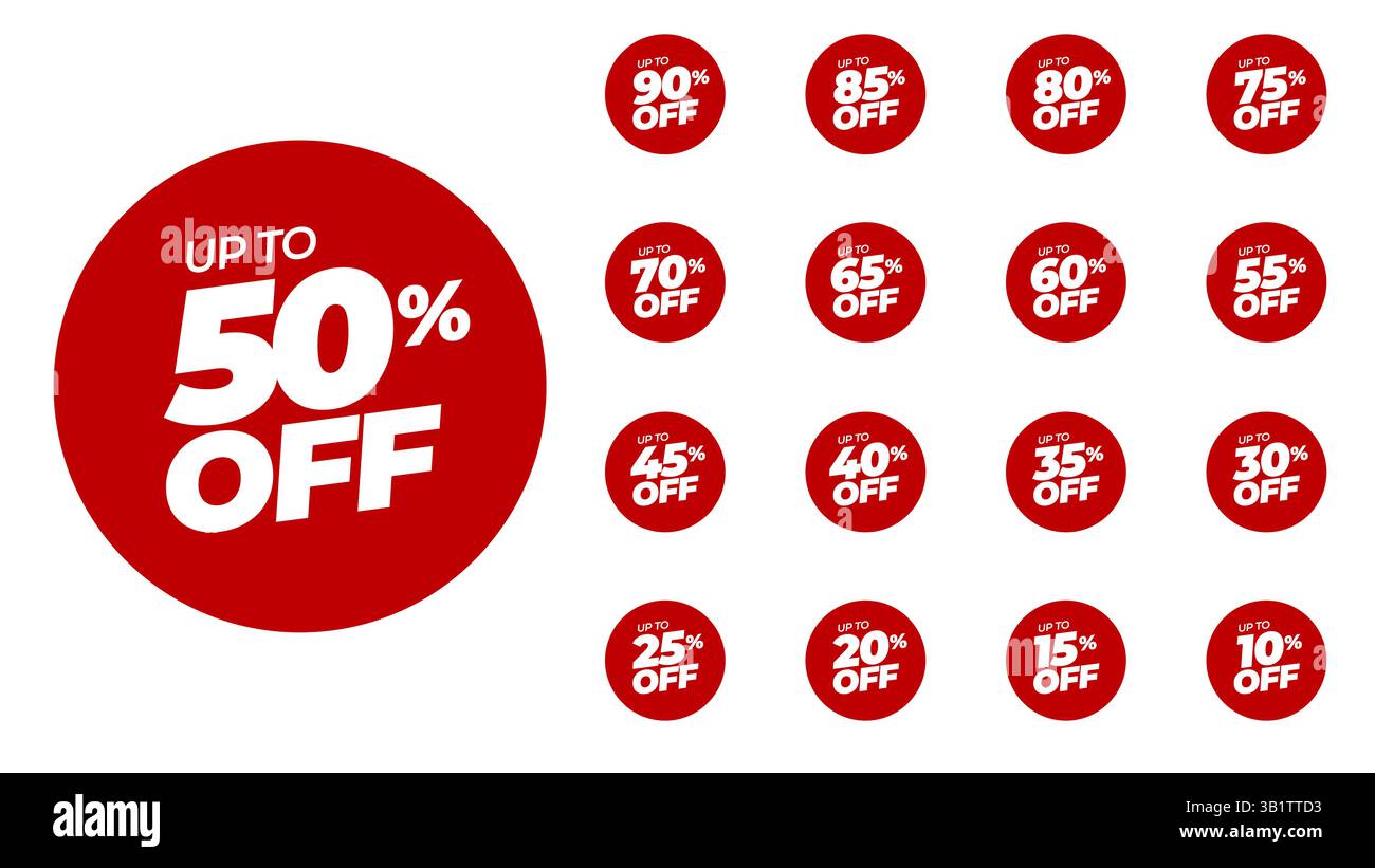 Sonderrabatt auf rote, abgerundete Etiketten mit unterschiedlichen Rabatten in Prozent auf 90, 85, 80, 75, 70, 65, 60, 55, 50, 45, 40, 35, 30, 25, 20, 15, 10 Prozent Stock Vektor