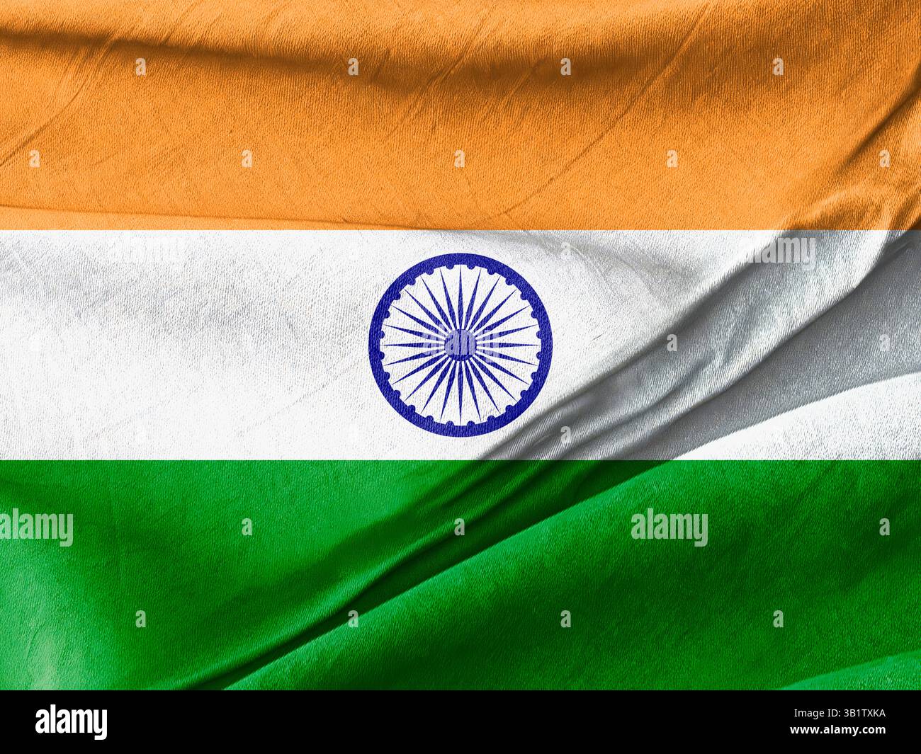 Lebendige Darstellung der Indischen Nationalflagge mit ihren Safran-, weiß- und grünen Trikoloren mit dem Ashoka Chakra. Perfekt für indisches Erbe, un Stockfoto