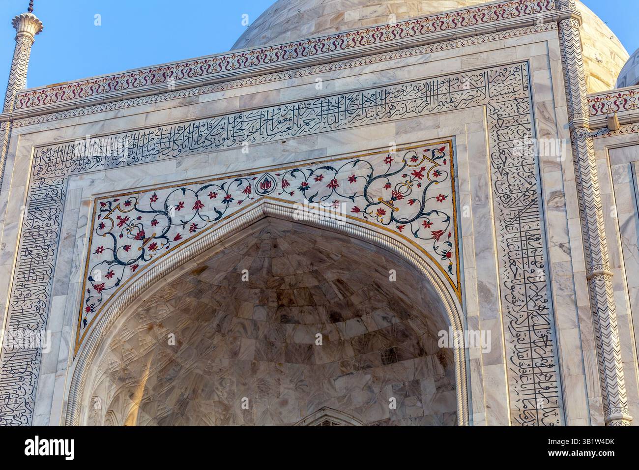 Nahaufnahme von eingelegten Halbedelsteinen des Taj Mahal, Agra Stockfoto