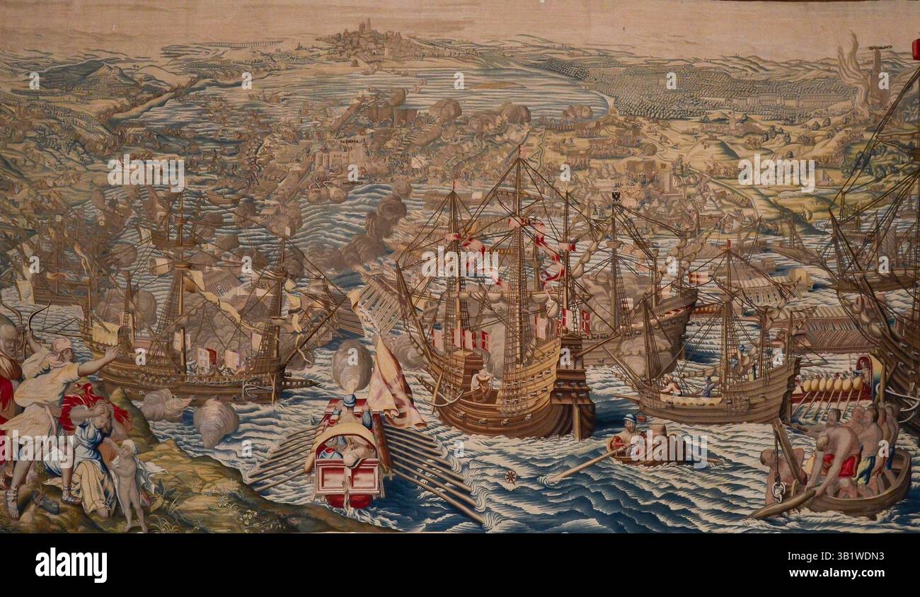Detail eines Wandteppichs, der die Eroberung Tunis darstellt, im Wandteppich-Raum des Alcázar-Palastes in Sevilla - Jan Cornelisz Vermeyen (Cartoon-Schöpfer) y Pieter Coecke van Aelst (Cartoon-Schöpfer, Attr.); Jacob van der Goten (der Jüngere) (Werkstatt) - Alberto. Bravo Stockfoto Detail eines Wandteppichs, der die Eroberung Tunis darstellt, im Wandteppich-Raum des Alcázar-Palastes in Sevilla - Jan Cornelisz Vermeyen (Cartoon-Schöpfer) y Pieter Coecke van Aelst (Cartoon-Schöpfer, Attr.); Jacob van der Goten (der Jüngere) (Werkstatt) - Alberto. Bravo Stockfoto