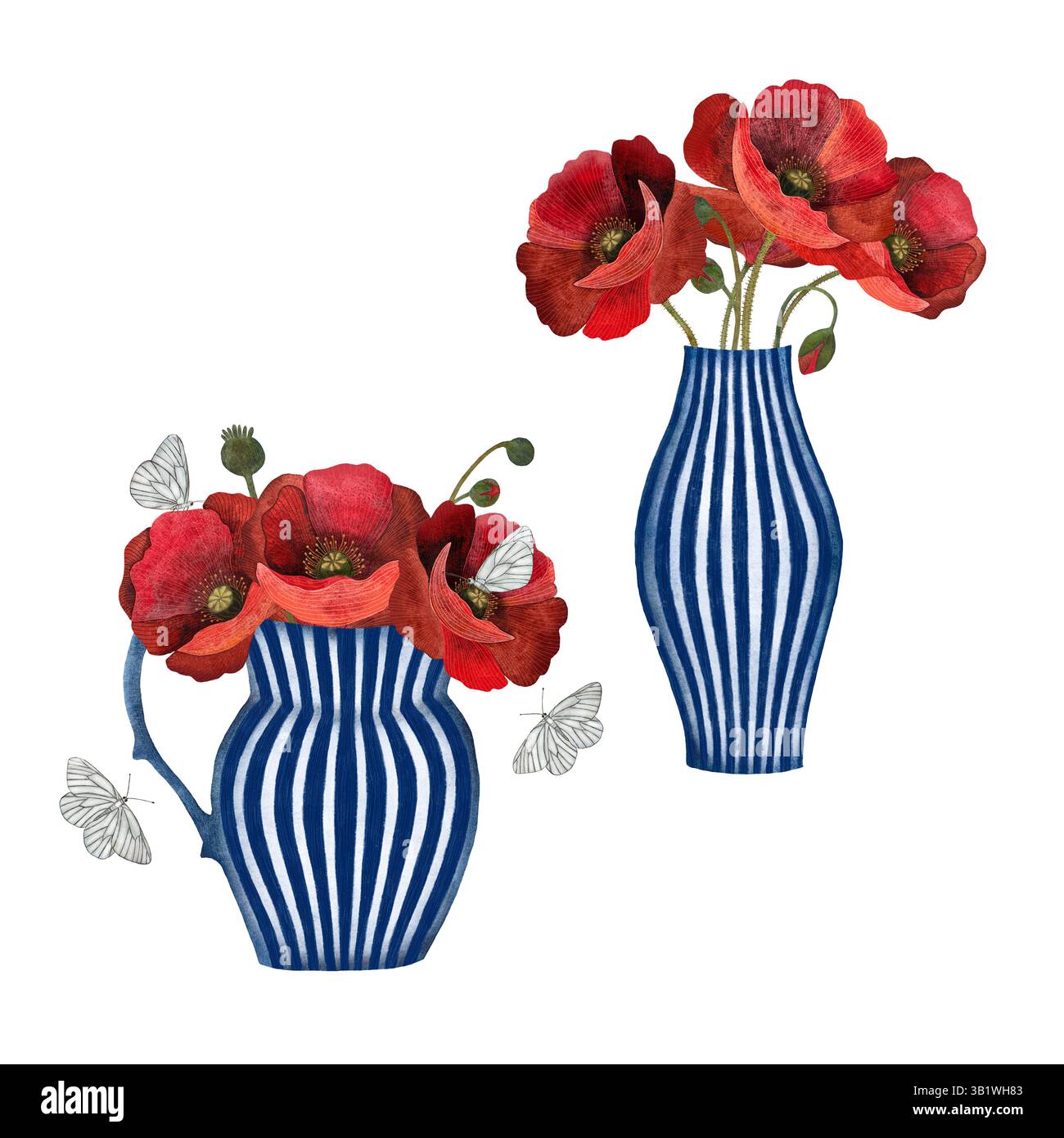 Rote Mohnblume in blau-weißer Keramikvase mit Streifen, umgeben von Schmetterlingen, isoliertes Mohnblumenelement, roter Pop Stockfoto
