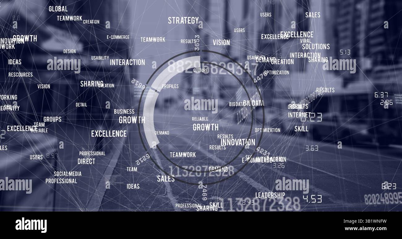 Bild des Netzes von Verbindungen mit Koordinaten über der Stadtlandschaft Stockfoto