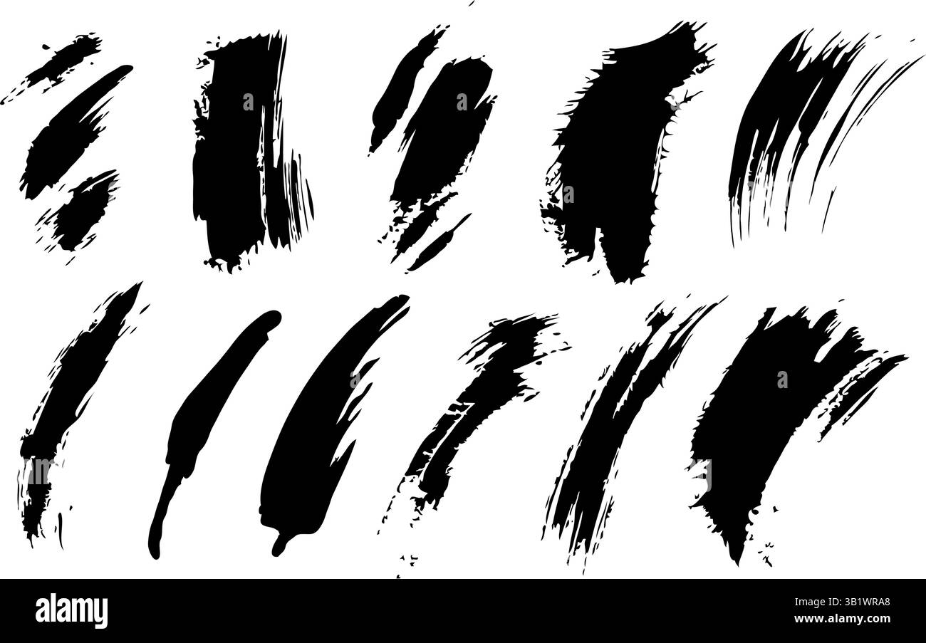 Handgezeichnete schwarze Pinselstriche mit rauen Kanten im künstlerischen Grunge-Stil auf einem sauberen weißen Hintergrund, Konzept des abstrakten Ausdrucks Stock Vektor