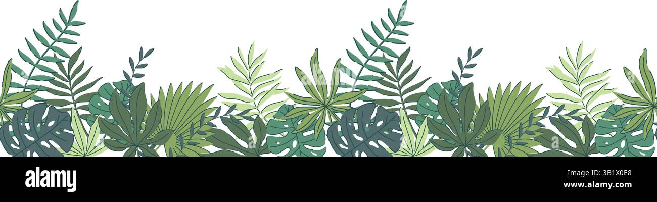 Handgezeichneter Dschungel hinterlässt ein nahtloses Banner mit Monstera, Palme, Farn. Vektorillustration in modernem tropischen Stil. Grünes Naturdesign zur Dekoration Stock Vektor