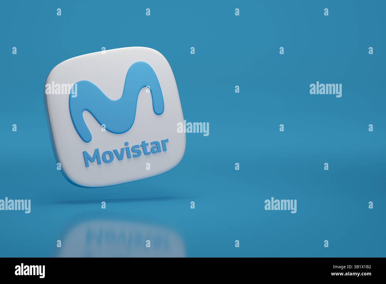 Buenos Aires, Argentinien - 4. April 2025: Movistar-Logo in drei Dimensionen mit Kopierraum. 3D-Abbildung. Stockfoto
