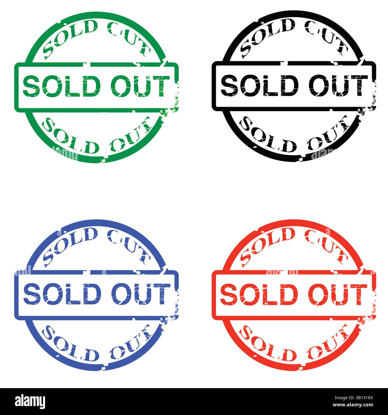 Vier „ausverkaufte“ Stempel in verschiedenen Farben: Grün, schwarz, blau und rot. Jeder Stempel ist kreisförmig, wobei die Wörter in der Mitte deutlich sichtbar angezeigt werden. Stock Vektor