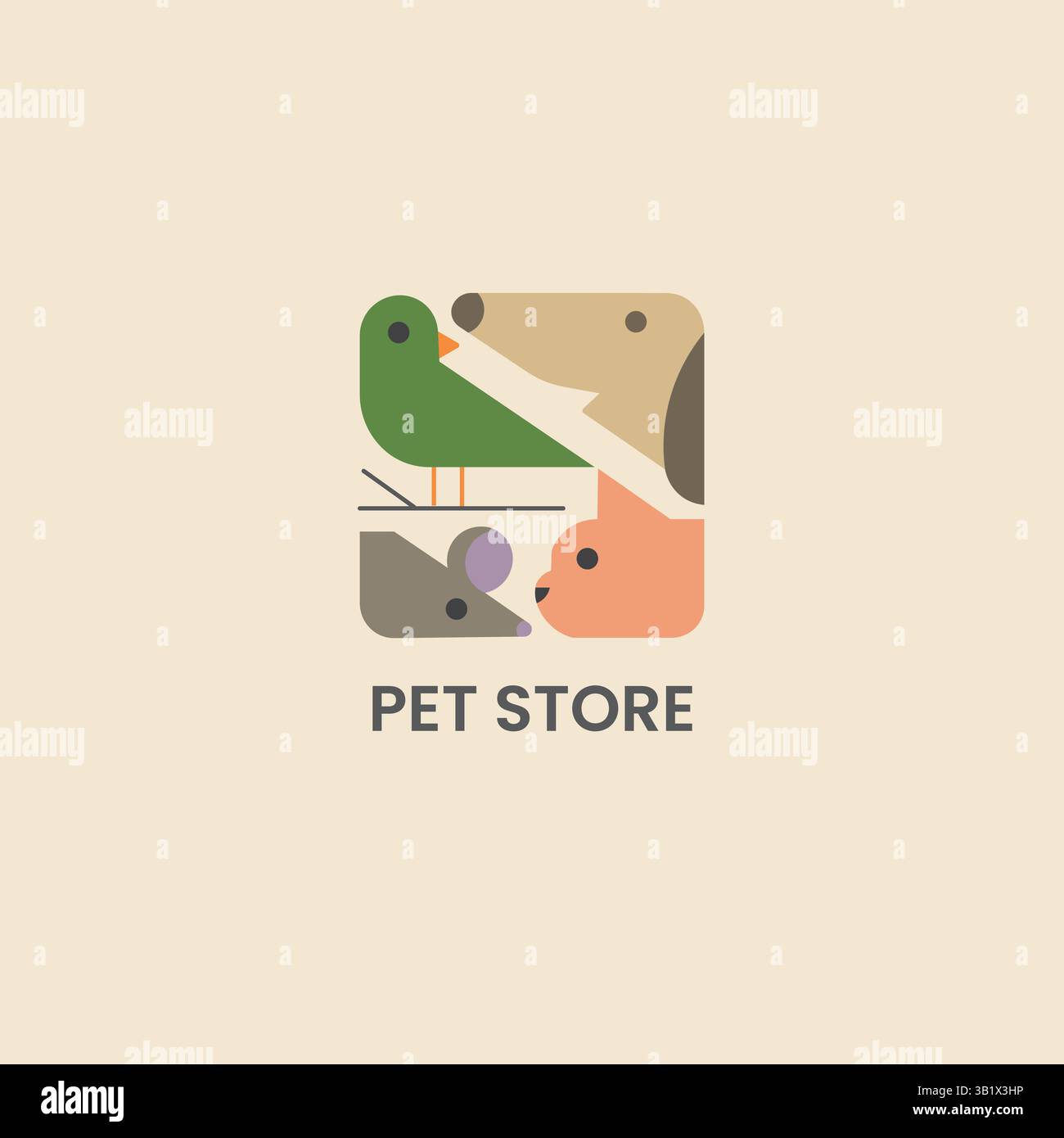 Modernes Minimal PET Store Logo mit Hund, Vogel, Katze und Maus im niedlichen geometrischen Cartoon-Stil Stock Vektor