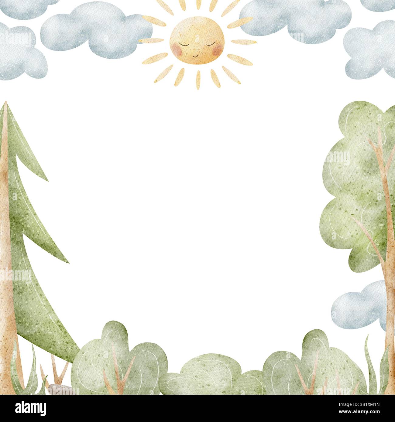 Rahmen Aquarellillustration Sonne, Wolken, blauer Himmel, Bäume Wald, Grün. Vorlagenquadrat für Text in Zeichentrickfilm Kinder isoliert auf Hintergrund Stockfoto