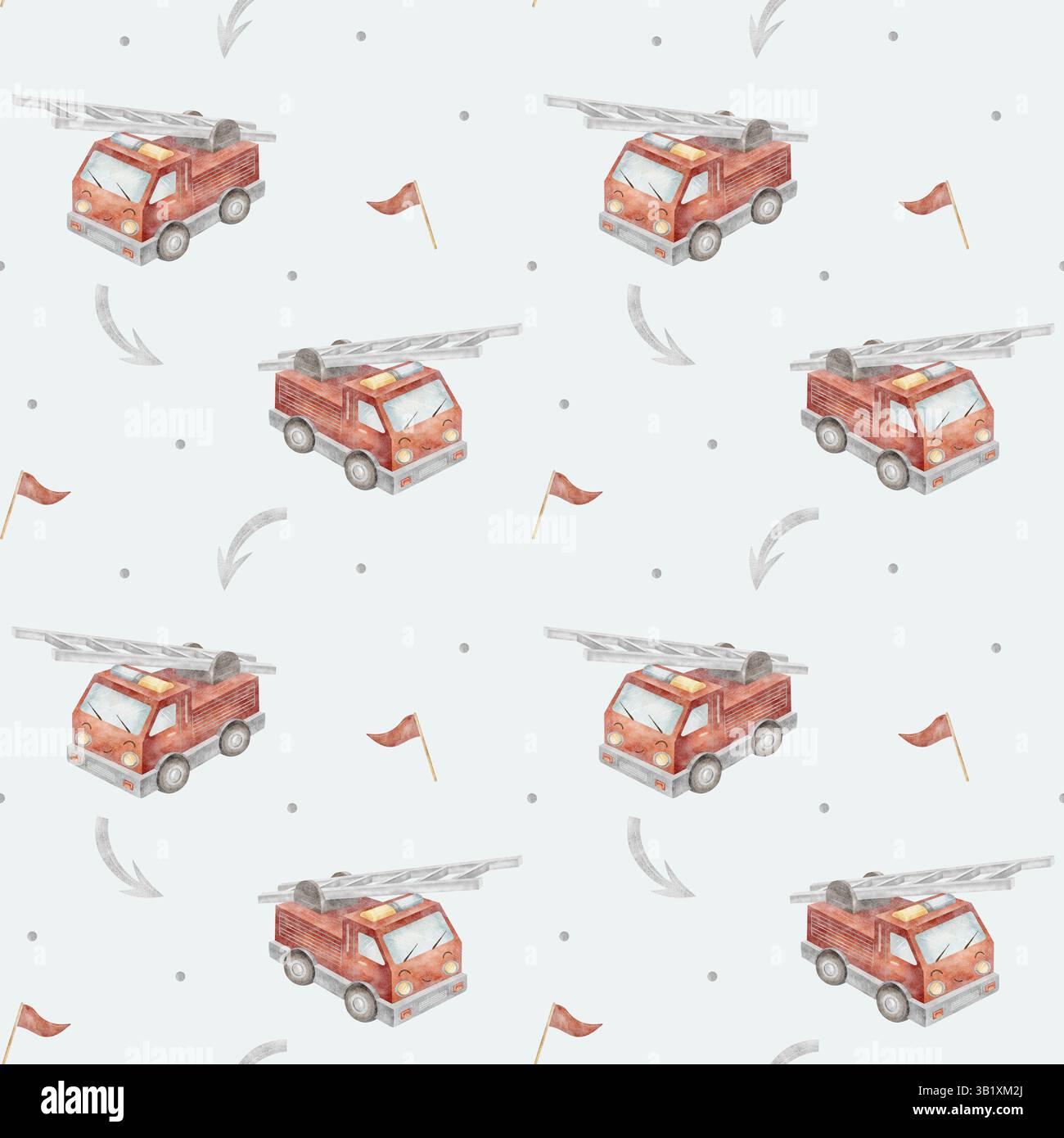 Feuerwehrauto mit Aquarellmuster, Flagge, Pfeil, Auto für einen Jungen. Die Abbildung ist handgezeichnet auf blauem Pastellhintergrund. Nahtlos bedrucktes Kindermaterial Stockfoto