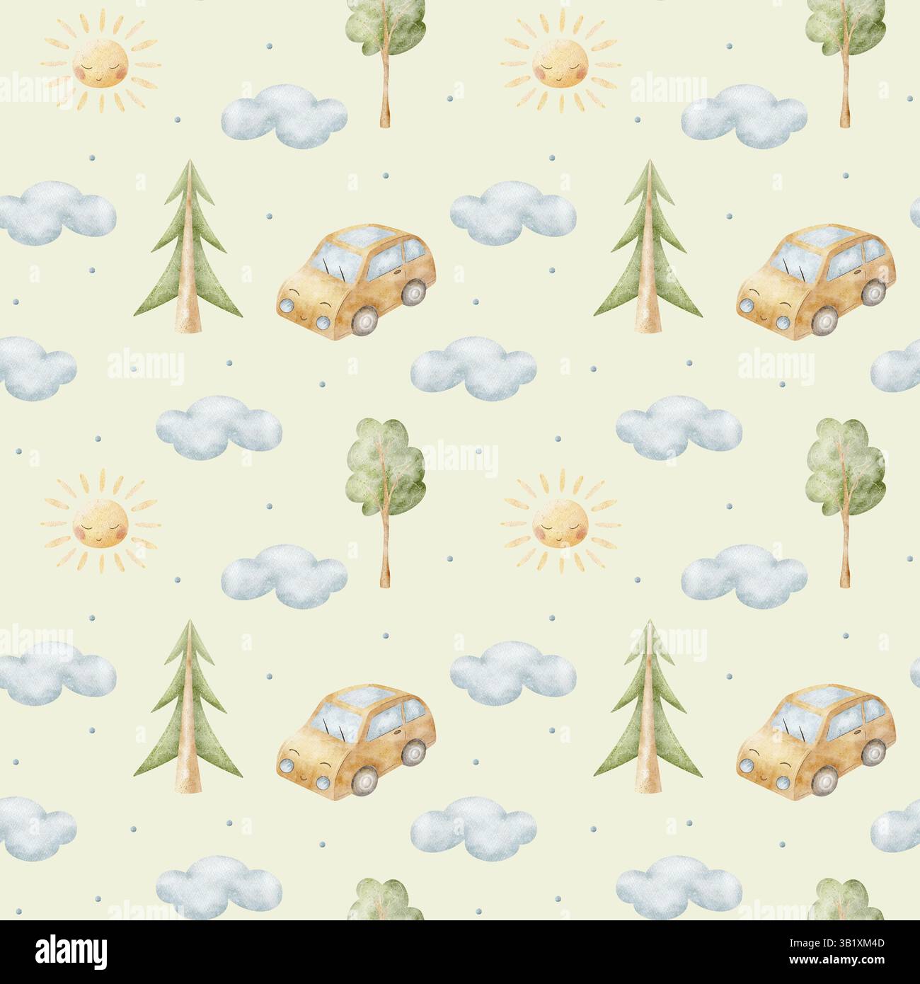 Aquarellmuster Kinder Auto, Transport, Bäume, Wolken, Sonne. Handgezeichnete Illustration auf grünem Pastellhintergrund im Zeichentrickstil. Nahtloser Druck Stockfoto