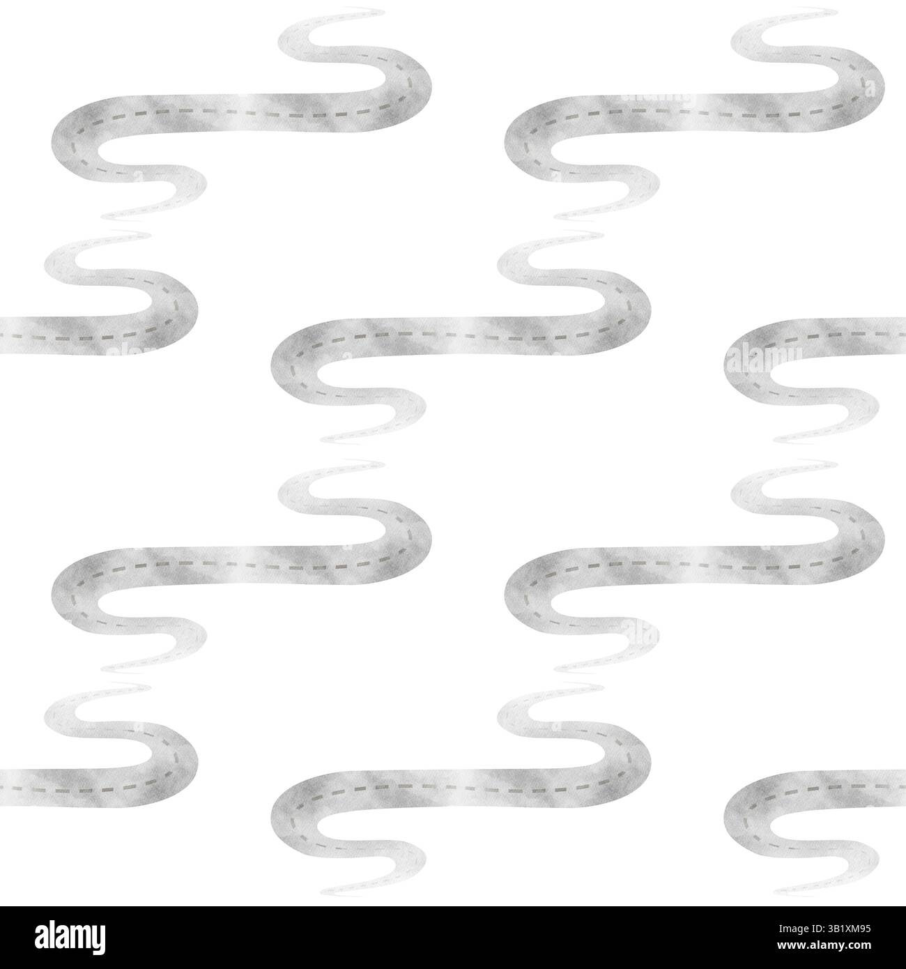 Straßenwellen mit Aquarellmuster, Straßenperspektive. Handgezeichnete Kinderillustration im Cartoon-Stil. Nahtloser Druck auf isoliertem Hintergrund für Stockfoto