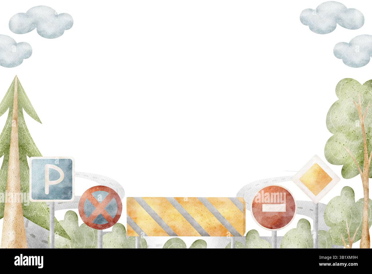 Aquarellillustration Straßenschilder, Symbol, Bäume, Wald, Grün. Rahmen retten Natur handgezeichnet im Kindercartoon Stil. Vorlage isoliert auf Stockfoto