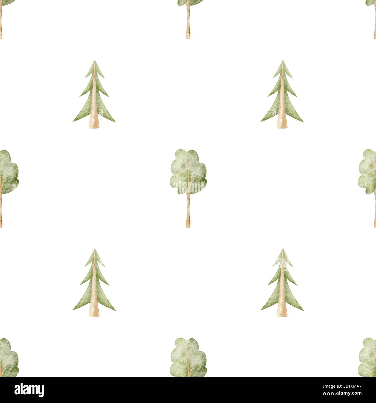 Aquarellmuster süße Bäume, Wald, Tannen. Illustration Kinderhand im Cartoon-Stil gezeichnet. Nahtloser Druck auf isoliertem Hintergrund für Stockfoto