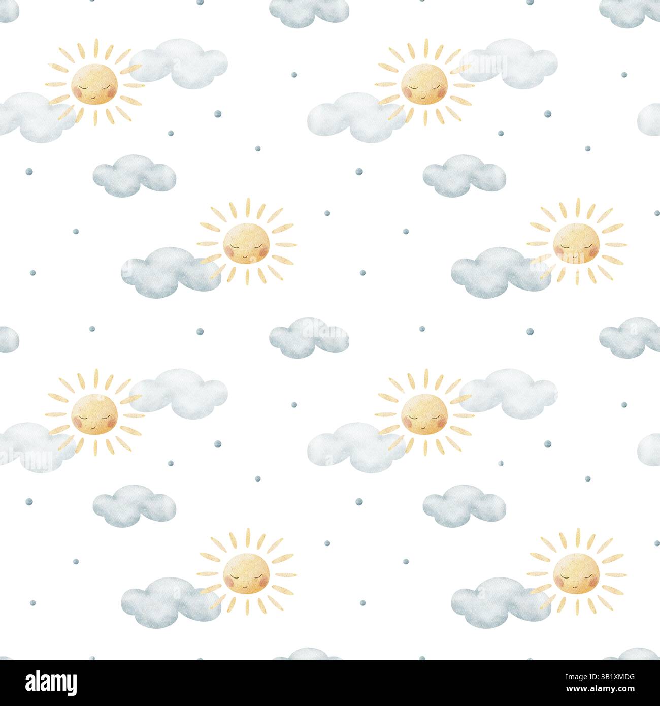 Muster Sonne mit süßem Gesicht in blauen Wolken. Aquarellabbildung ist handgezeichnet. Nahtloses Design für Kinder auf dem Hintergrund Stockfoto