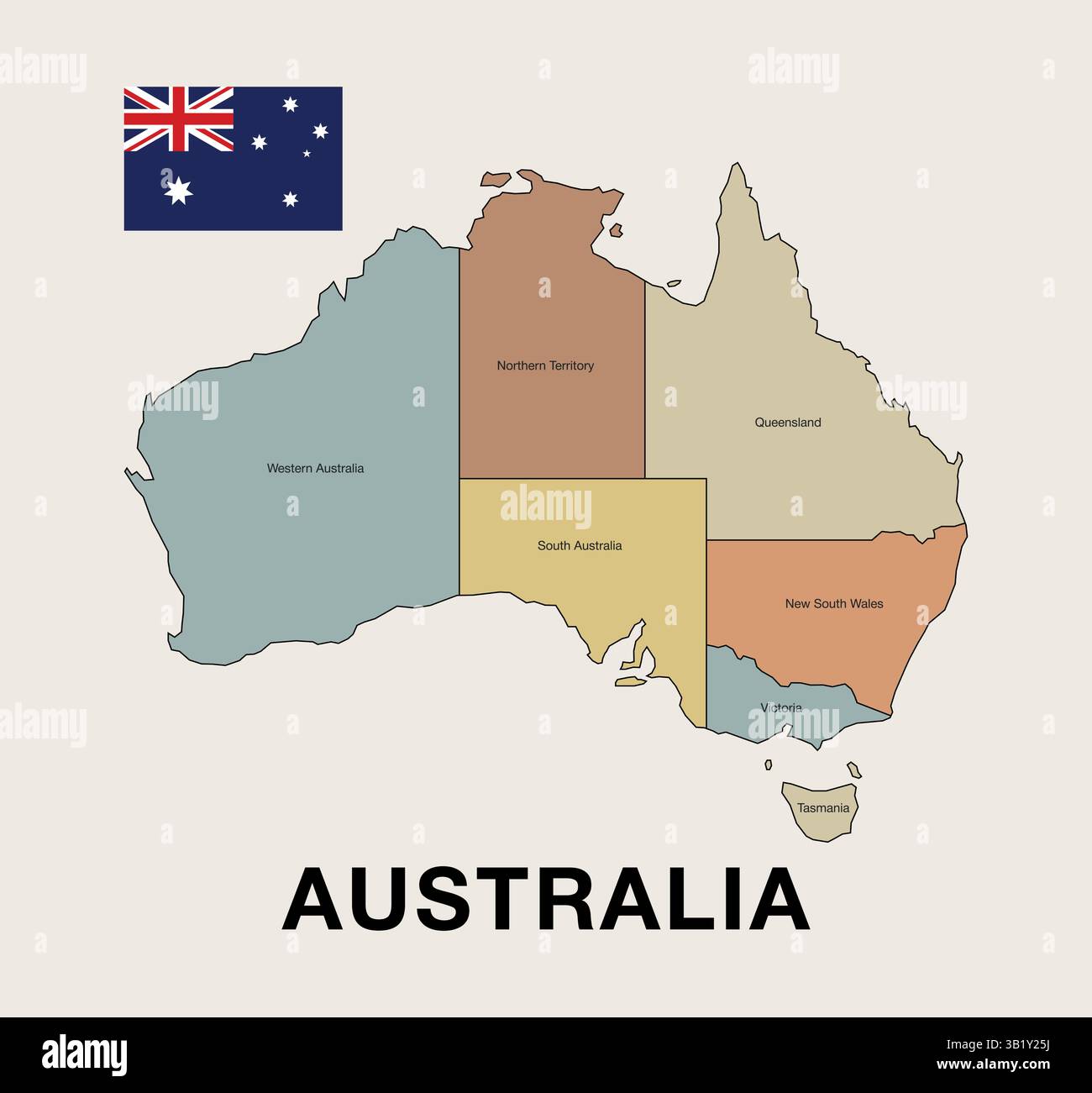 Sehr detaillierte politische Karte Australiens mit seinen Verwaltungsregionen und Grenzen. Perfekt für geografische und reisebezogene Bildungsmaßnahmen Stock Vektor