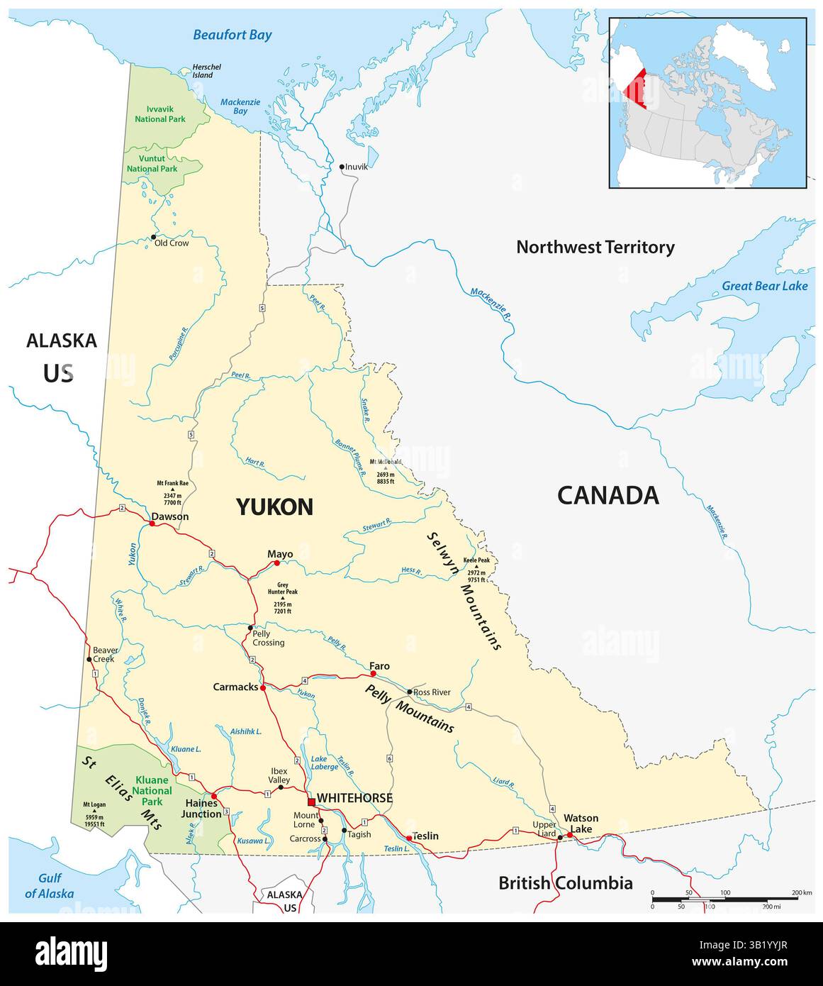 Karte des Yukon-Territoriums im Nordwesten Kanadas Stockfoto
