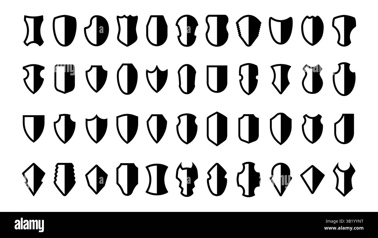 Sammlung von Schildsymbolen in verschiedenen Formen und Stilen. Vektorelemente, die Sicherheit und Schutz für Logos, Embleme und Designprojekte darstellen. Stock Vektor