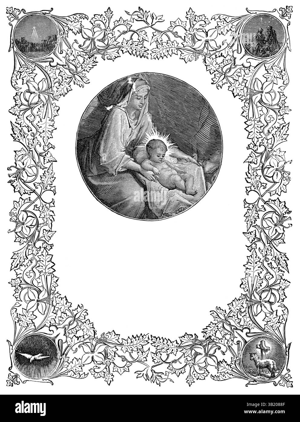 Vintage viktorianische Krippenstich von Maria und Jesuskind mit umliegender dekorativer Borte. Stockfoto