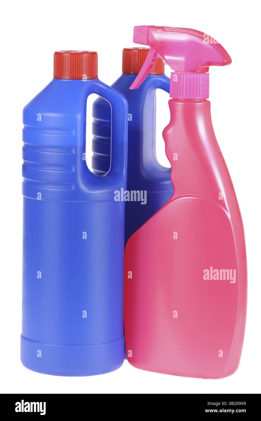 Mehrfarbige Plastikflasche isoliert auf weißem Hintergrund Stockfoto