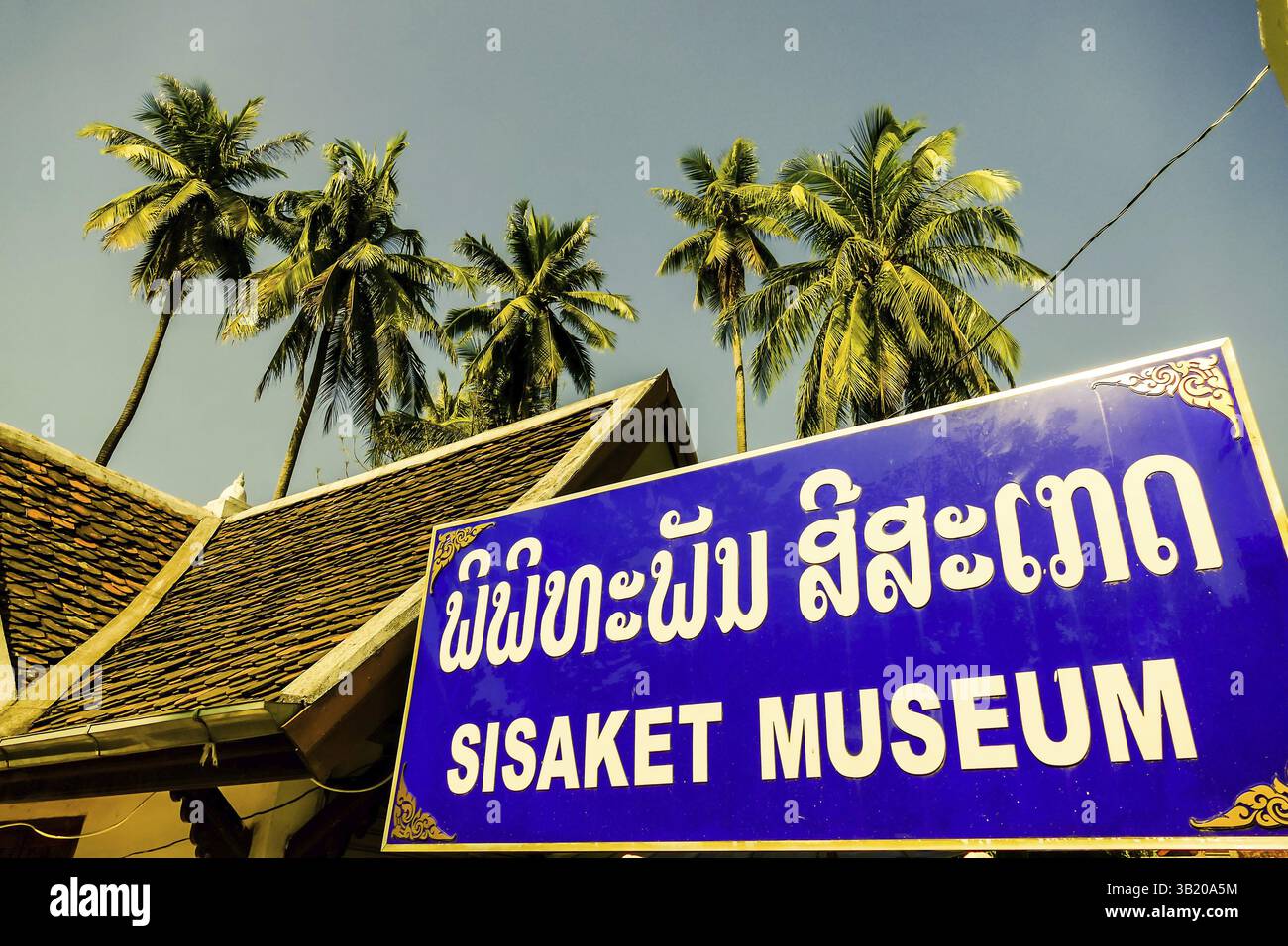 Schild am Strand, digitales Foto als Hintergrund, aufgenommen im Sisaket-Tempel laos, asien, aufgenommen im Sisaket-Tempel, luang prabang, laos, asien Stockfoto