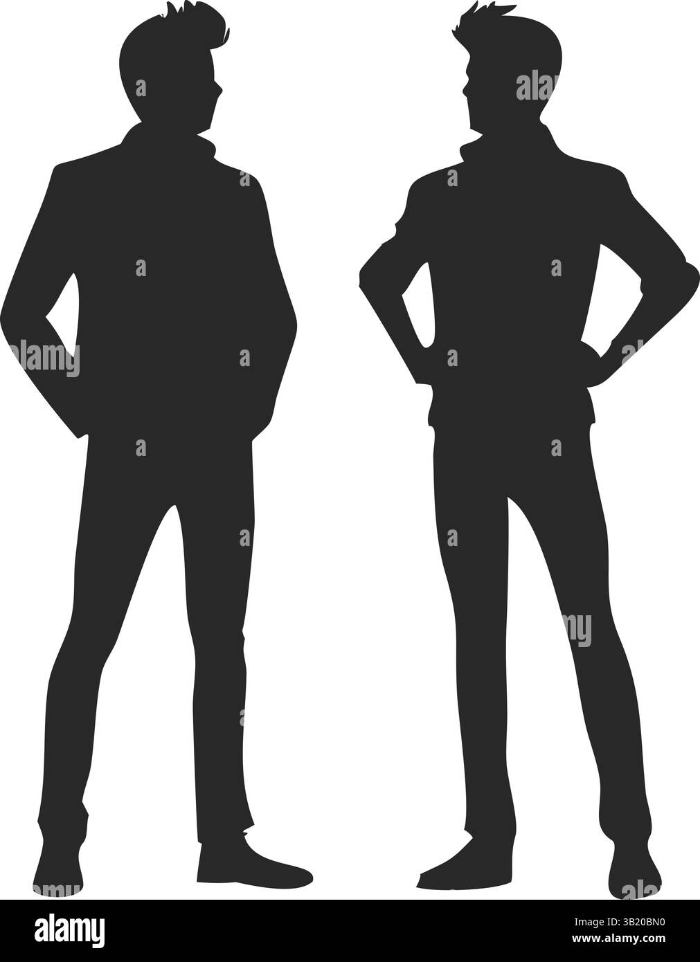 Männer stehende Silhouetten Vektor: Lässige Erwachsene Figuren schauen in entgegengesetzte Richtungen Stock Vektor