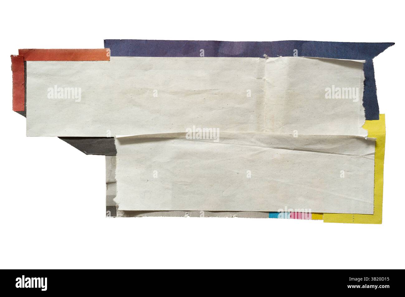 Textbox mit abstrakter geometrischer Form aus Zeitungspapier auf weißem Hintergrund mit Beschneidungspfad Stockfoto