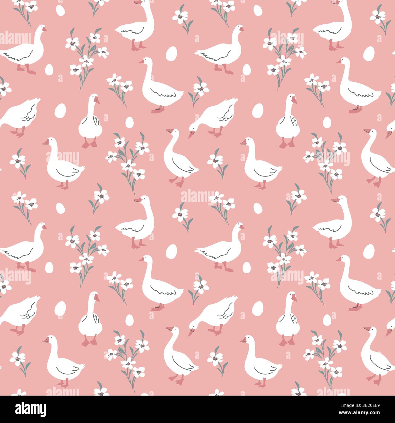 Nahtloses Vektormuster mit weißer Gans, Blume und Ei. Handgezeichnetes süßes Ostergansmuster für Textil-, Tapeten- oder Kinderzimmer-Muster. Stock Vektor