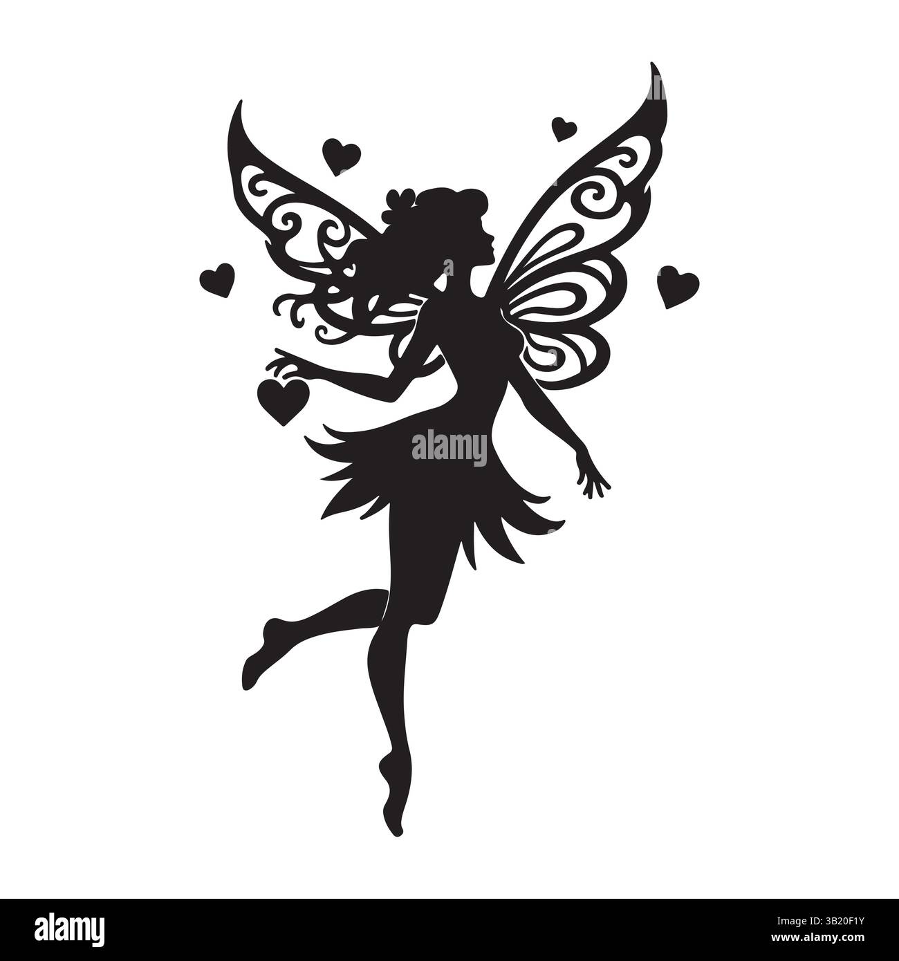 Elegante Fee mit Flügeln und Herzen - skurrile Illustration Stock Vektor