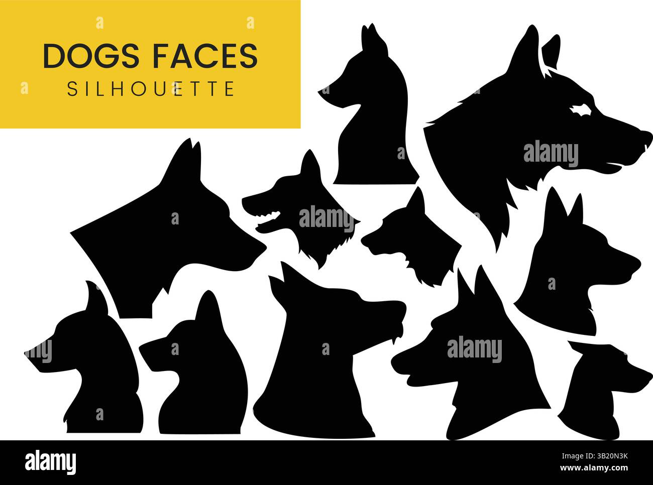 Hund Gesichter Charakter Silhouetten Set Haustier Tier Kopf Symbole Vektor Grafiken Illustrationen Stock Vektor