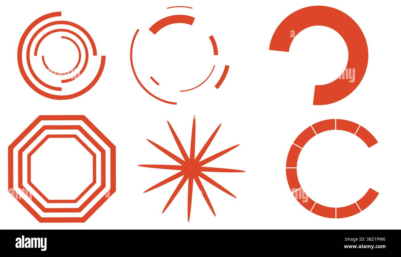 Sechs unterschiedliche geometrische Formen, alle in kräftigem Orange. Stock Vektor