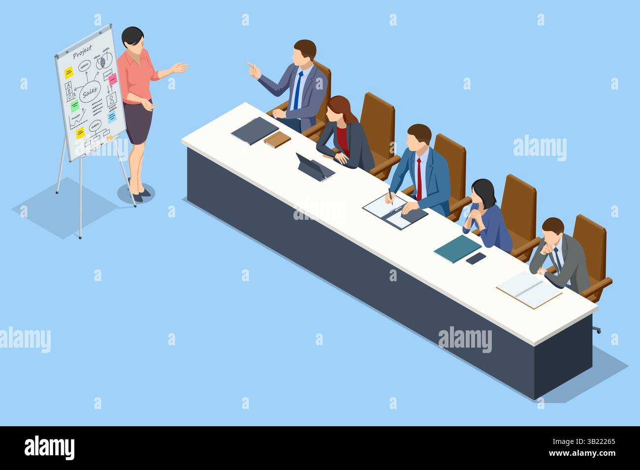 Isometrische Szene, in der Personen Geschäftsdiagramme und Diagramme auf einem Flipchart während einer Strategiediskussion analysieren. Flipchart mit Business-Profit-Diagrammen und Stock Vektor