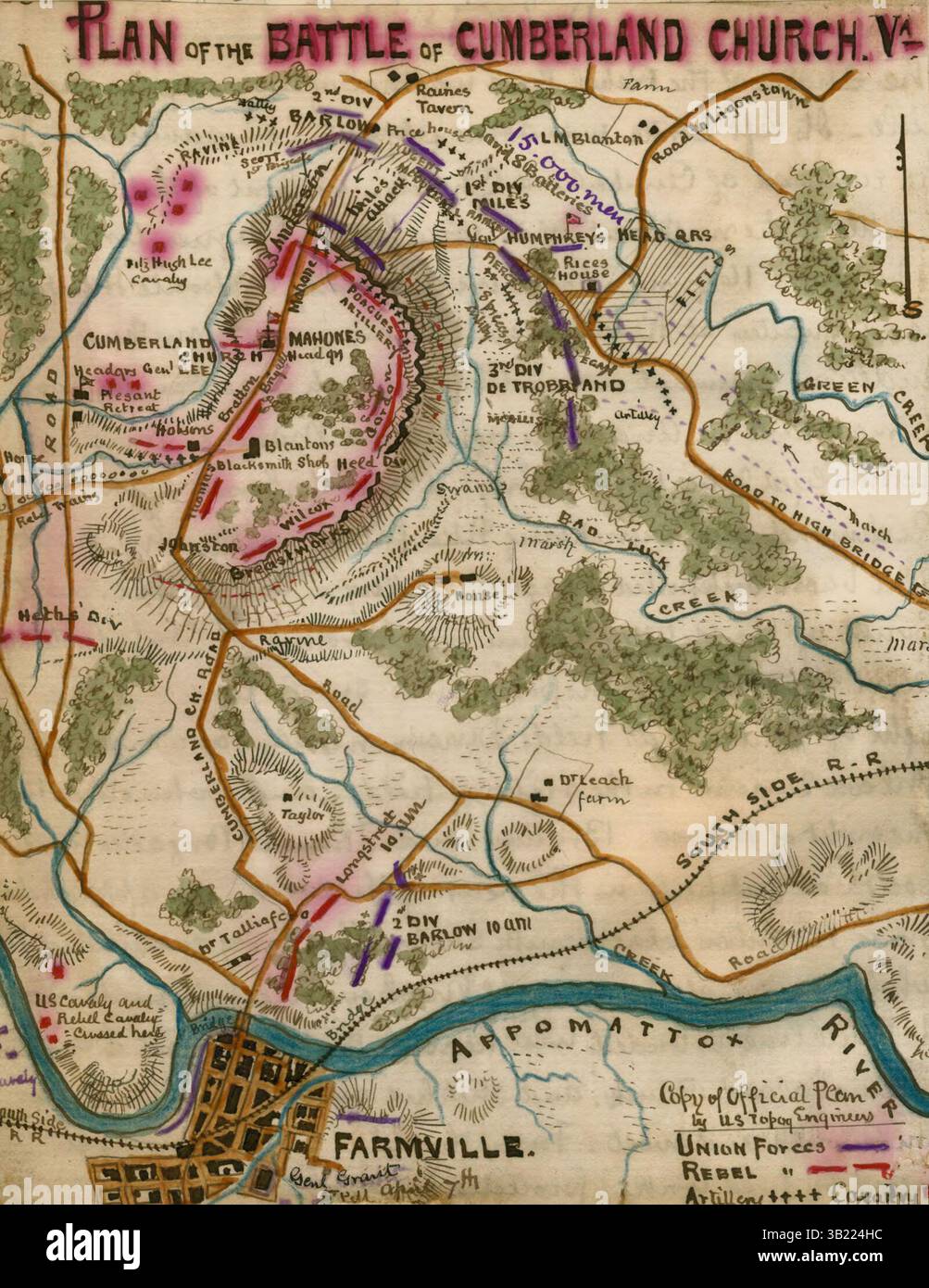 7. April 1865 - Cumberland Church, VA, USA - Karte zeigt die Position der Truppen des Konföderierten Generals R. E. Lee bei der Cumberland Church und der Truppen von Union General U. S. Grant südlich bei Farmville entlang des Appomattox River. Dies war ein kleines Gefecht im Cumberland County am 7. April, kurz nach der Aktion in Highbridge and Rice's Station und kurz vor Lees Kapitulation im Appomattox Courthouse. (Kreditbild: © BuyEnlarge/ZUMAPRESS.com) Stockfoto