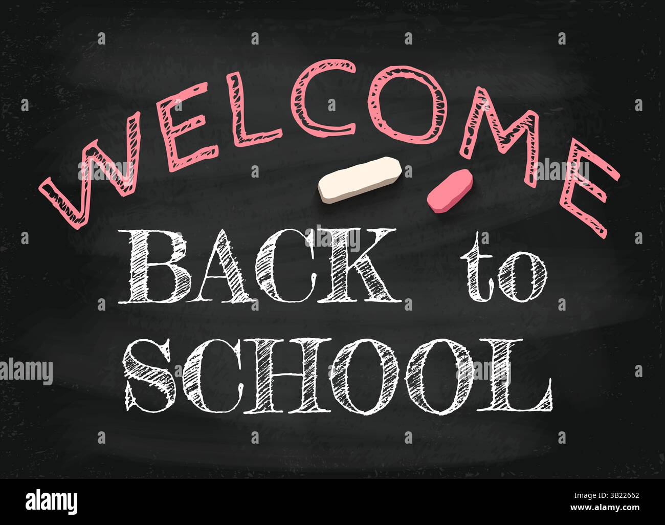 Vektor-Vintage-Grußkarte zurück zur Schule 2023-2024. Zurück zur Schule auf der Tafel. Stock Vektor