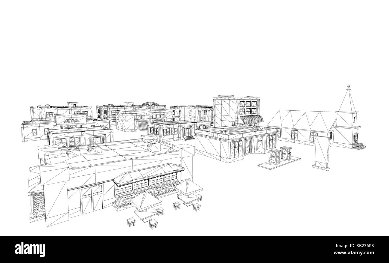 Ein Stadtbild mit einem großen Gebäude im Hintergrund. Der Himmel ist bewölkt und die Gebäude sind hoch Stock Vektor