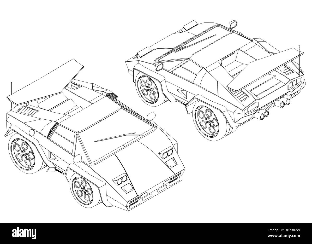 Eine Zeichnung eines Autos mit einem Flügel auf der Rückseite. Das Fahrzeug ist ein kleines, kompaktes Modell mit schlankem Design. Der Flügel auf der Rückseite verleiht dem Fahrzeug ein Gefühl von Geschwindigkeit und Kraft Stock Vektor
