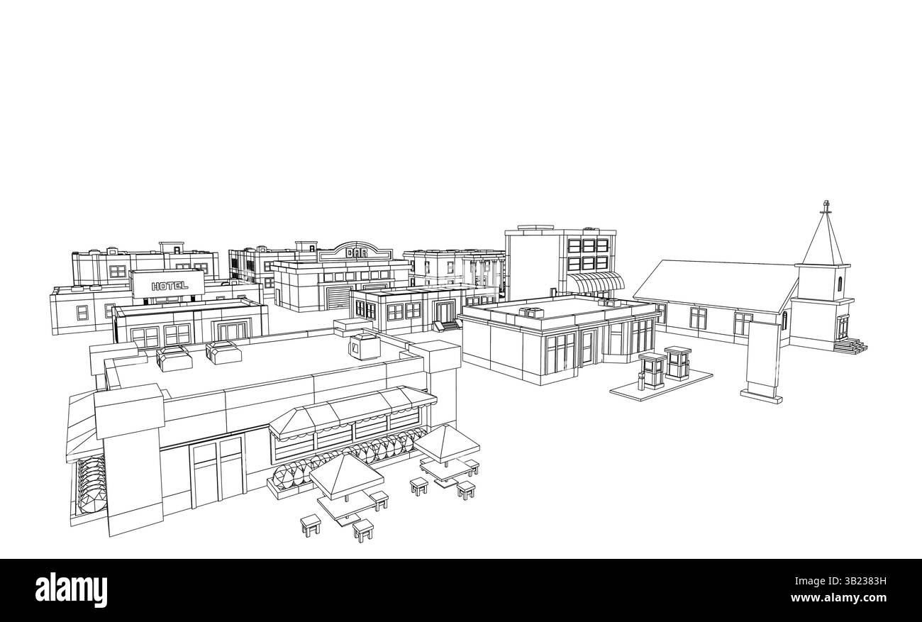 Ein Stadtbild mit einem großen Gebäude im Hintergrund. Die Gebäude sind hoch und der Himmel ist klar Stock Vektor