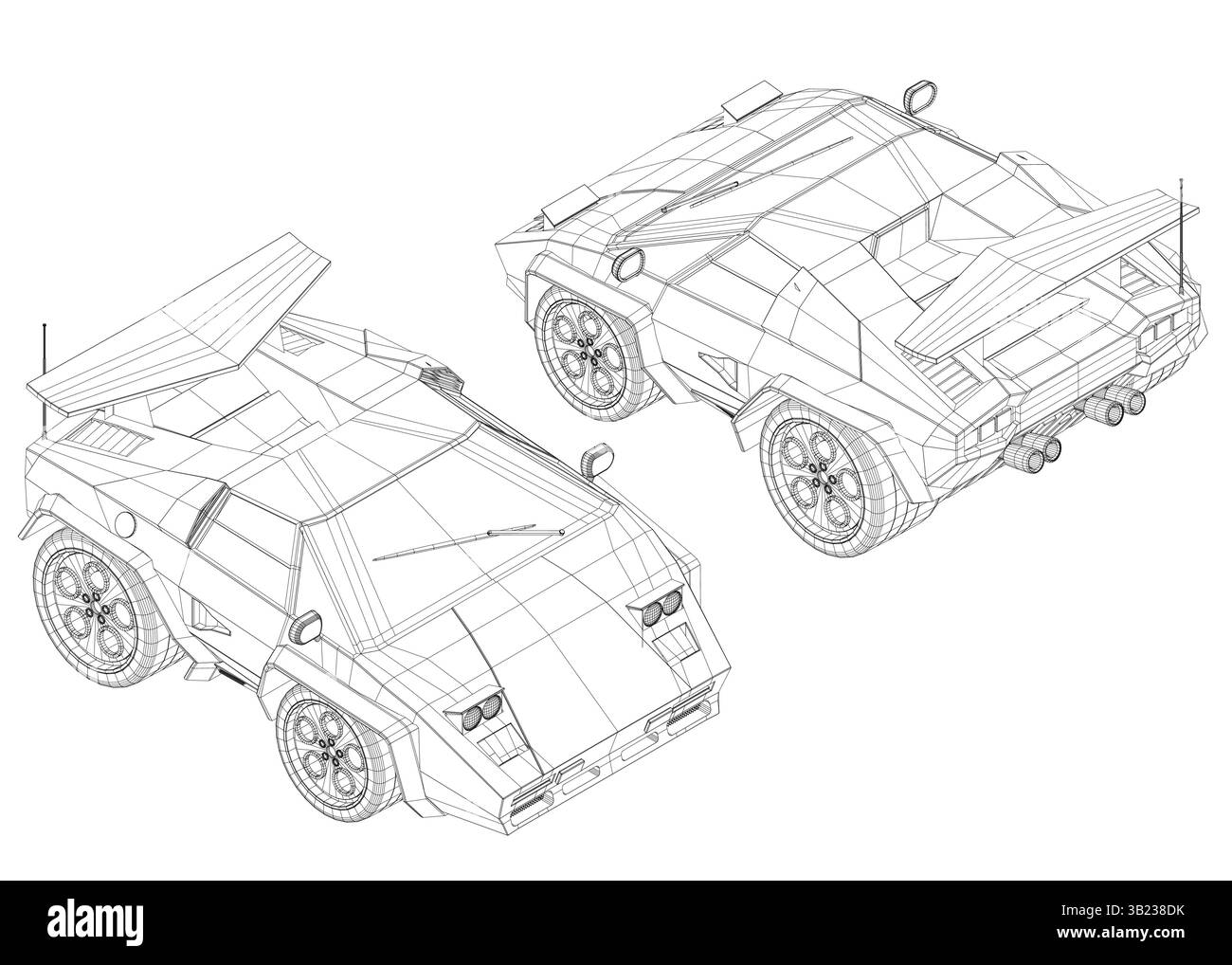 Zwei verschiedene Zeichnungen eines Autos, eine mit der Motorhaube nach oben und die andere mit der Motorhaube nach unten. Der Wagen mit der Haube scheint ein Sportwagen zu sein, während der Stock Vektor