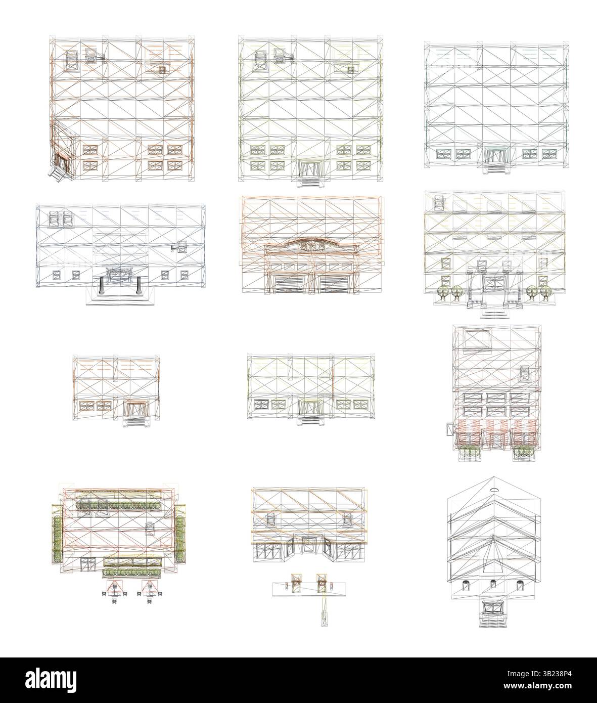 Eine Reihe von architektonischen Drahtmodell-Illustrationen, die verschiedene Gebäudeentwürfe zeigen. Die vektorbasierten Zeichnungen heben strukturelle Details hervor, einschließlich Stock Vektor